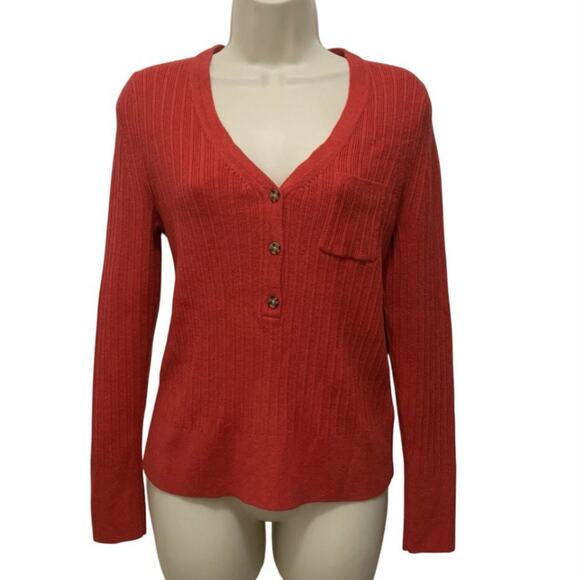 Gap Women’s Sweater Sz Large Red Rib Pocket Henley Merino Wool Blend - Picture 1 of 8